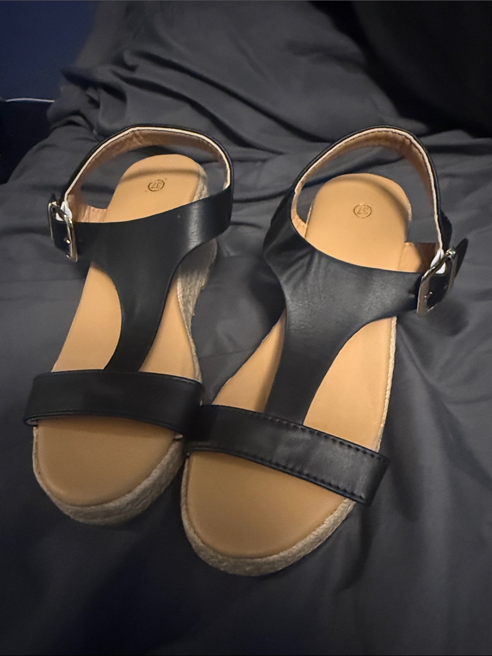 SHEIN Black T-Strap Espadrille Wedge Sandals